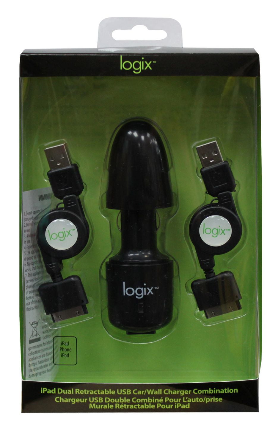 Logix Ipad Dual Retractable USB Car/Wall Charger Combination Walmart