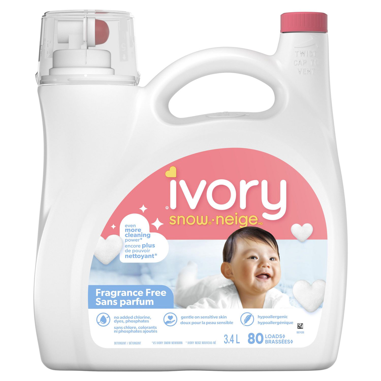 Détergent à lessive liquide Ivory Neige pour bébé, sans parfum et  hypoallergénique 80 brassées, 3,4 L 