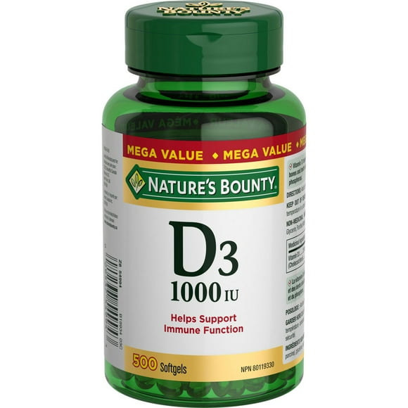 NATURE'S BOUNTY Vitamine&nbsp;D3, 1&nbsp;000&nbsp;UI, format éco, aide au soutien de la fonction immunitaire, aide au développement et au maintien des os et des dents, aide à l’absorption du calcium et du phosphore, 500&nbsp;gélules 500 paquet 500 capsules molles