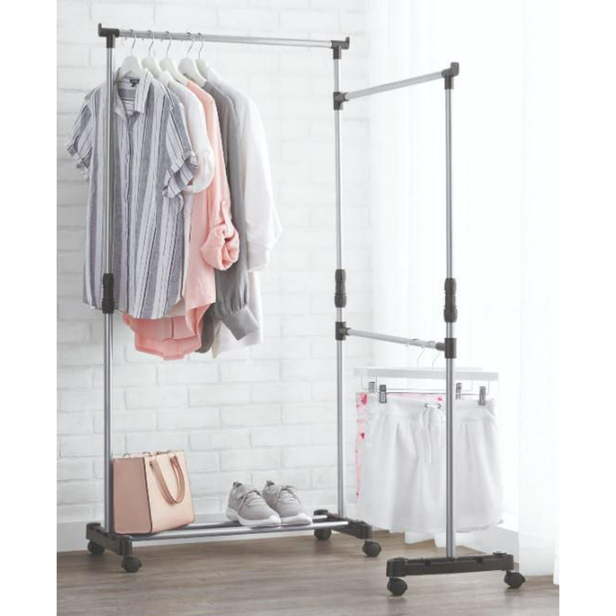 Mainstays Simple Single Rod Garment Rack, White, Perfect hanging storage  rack for your T-shirt, skirt , other light clothes and shoes. 