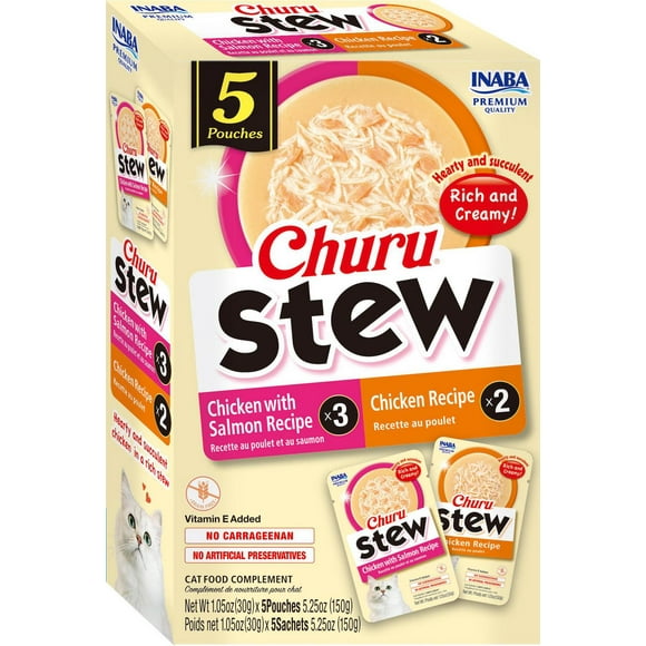 INABA Churu Stew pour chats - Pack varié de poulet - Recette de poulet au saumon (3 sachets) et recette de poulet (2 sachets) - Poulet râpé fermier dans une gelée crémeuse, 30 g par sachet, 5 sachets au total 150 g