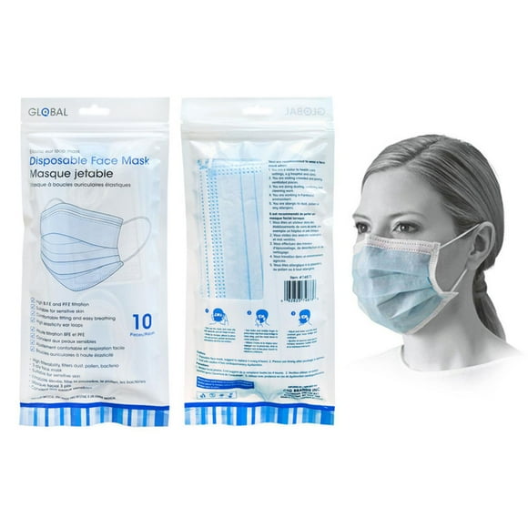 10 Masques faciaux jetables – à 3 plis, bleu