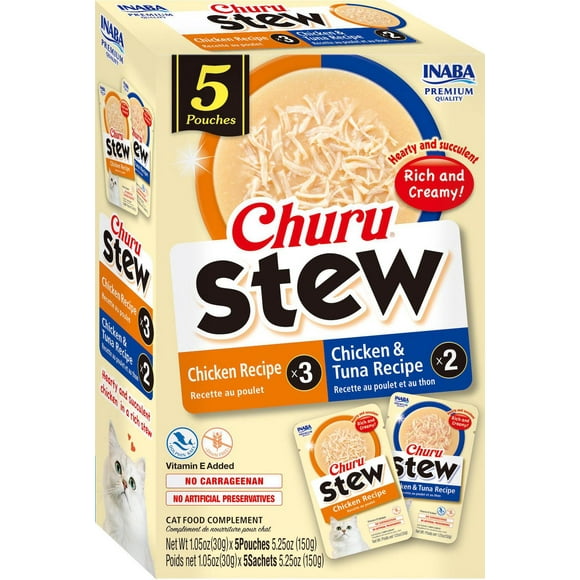 Ragoût de churu INABA pour chats - Variété de poulet et de thon - Recette de poulet (3 sachets) et recette de poulet et de thon (2 sachets) - Poulet fermier râpé dans une gelée crémeuse, 30 g par sachet, 5 sachets au total 150 g