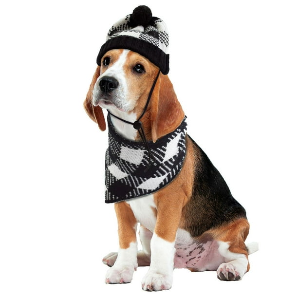 Vibrant Life Pet Beanie Hat et Bandana Set pour chiens et chats : Plaid blanc et noir, pull en tricot, choisissez parmi 2 tailles