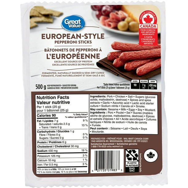 Great Value EuropeanStyle Pepperoni Sticks, 500g Walmart.ca