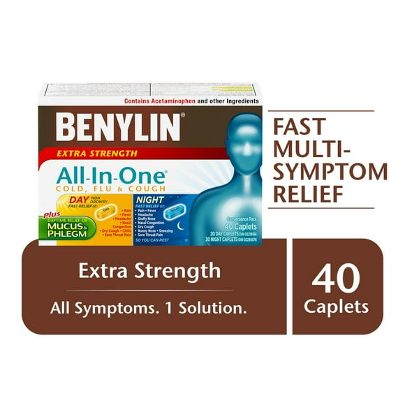 Benylin Extra-puissant, Tout-en-un Rhume, grippe et toux, Duo pratique Jour/Nuit, soulage les symptômes de rhume, toux et grippe 40 gélules