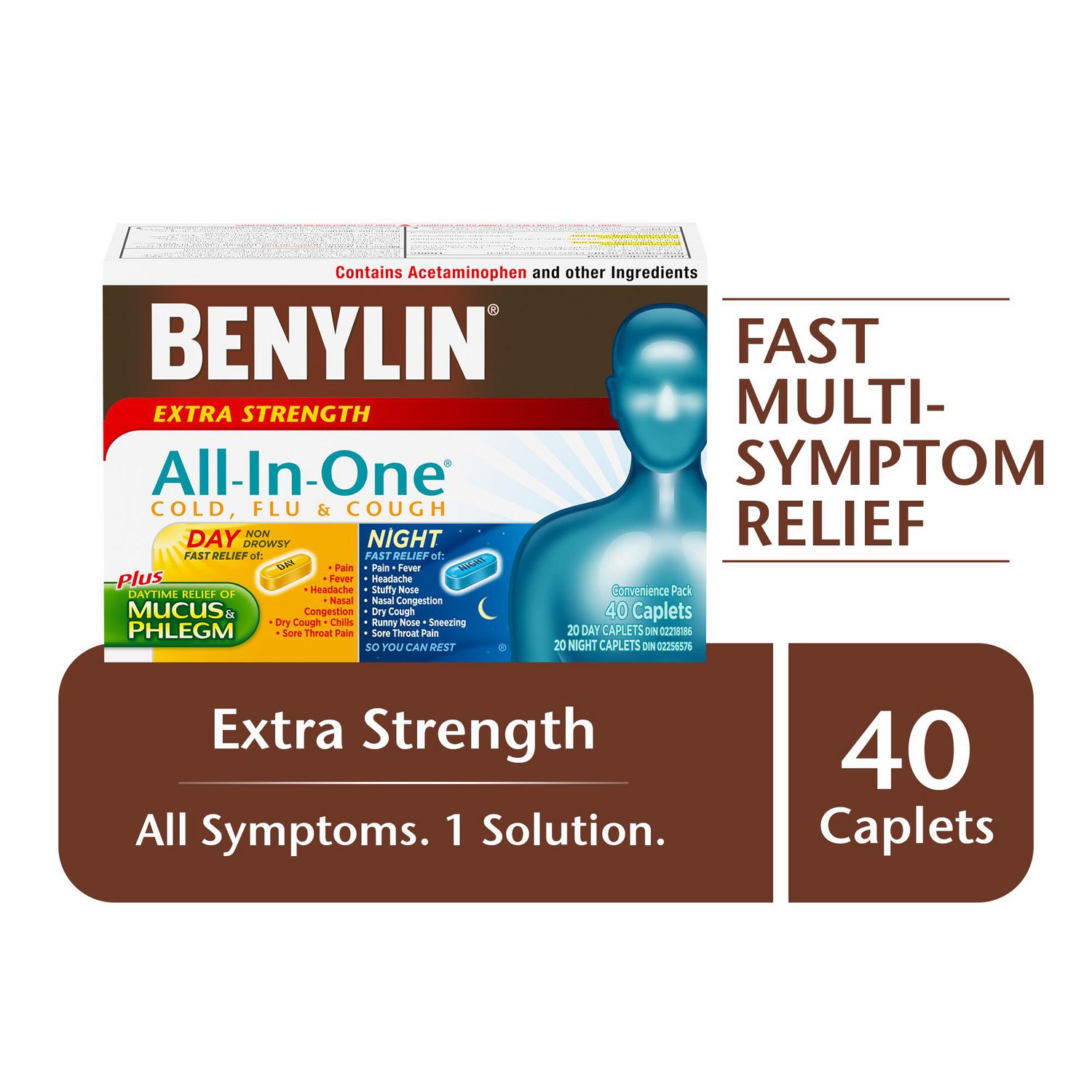 Benylin Extra Strength All-in-One Cold, Flu & Cough Caplets, Day & Night, Convenience pack, Relieves Cold Cough & Flu Symptoms