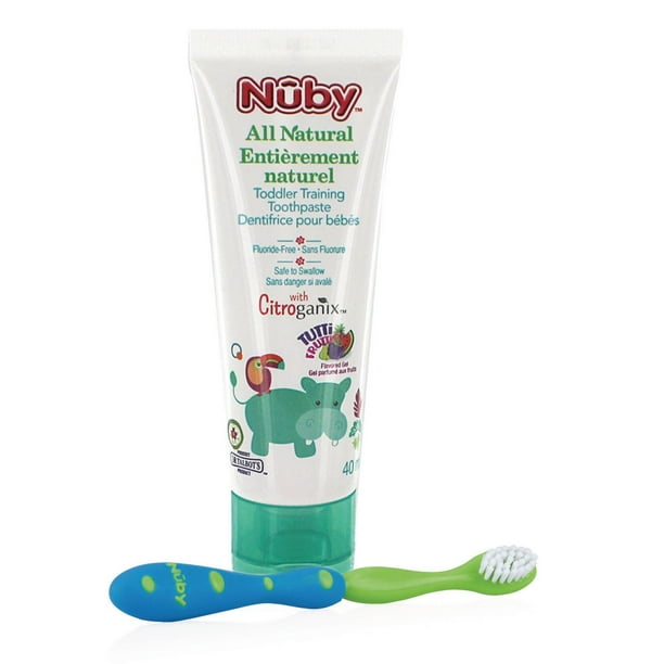 Dentifrice et brosse à dents Citroganix de Nûby en bleu et vert pour bébé