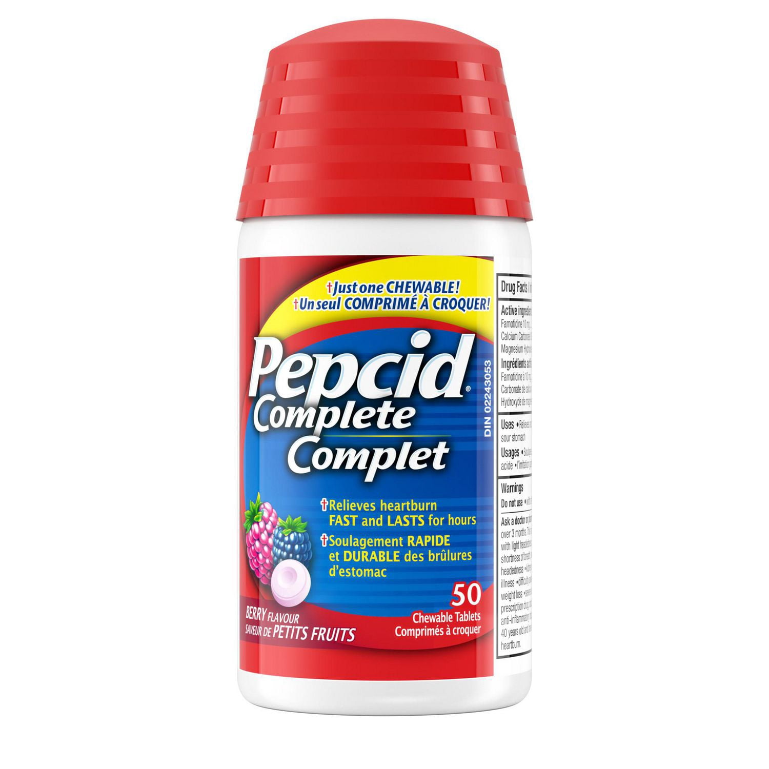 Comprimés à croquer Pepcid Complete, Réd. acidité + Antiacide, famotidine 10 mg, carbonate de calcium 800 mg, hydroxyde de magnésium 165 mg par comp., antiacides à croquer, saveur baies, 50 comprimés