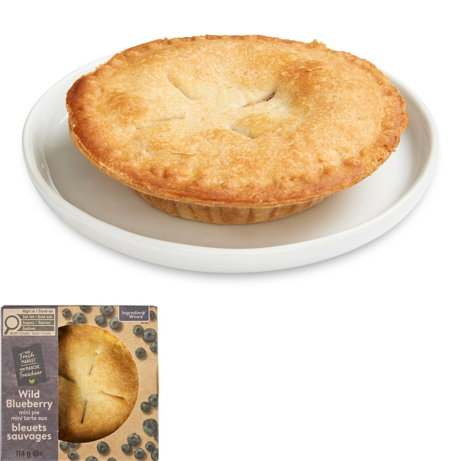 Mon marché fraîcheur Tarte Mini aux Bleuets Sauvages à Portion Individuelle (Individuelle) Tarte de 4 Pouces avec Croûte Dorée et Garniture visible de Bleuets Sauvages Brillants. Entièrement Cuite et Prête à Manger; Produit Ingrédient WiseTM Sans Colorants Synthétiques, Arômes Ou Édulcorants Artificiels, Huile Végétale Hydrogénée Ou MSG. Souvent Utilisée comme dessert Individuel Ou Cadeau de Fête.