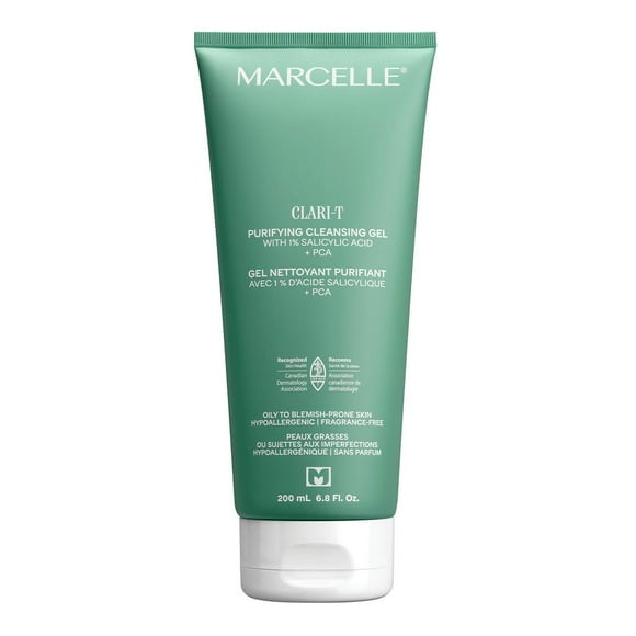 Marcelle Clari-T Gel nettoyant purifiant avec 1 % d'acide salicylique + PCA Clarifiant. Exfoliant. Nourrissant.