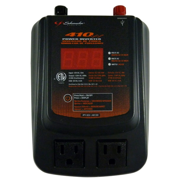 Onduleur pour automobile 12 Vc.c. à 120 Vc.a. Schumacher PID-410 Watts avec <br>deux prises c.a. et un port USB, avec afficheur numérique