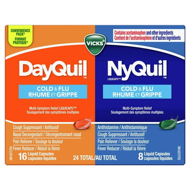 Liquicaps Vicks DayQuil et NyQuil rhume et grippe, maux de tête, fièvre, mal de gorge, douleurs mineures, toux, pratique, 16 DayQuil, 8 NyQuil