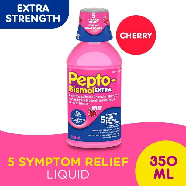Liquide Pepto Bismol Extra fort pour soulager nausée, brûlures d’estomac, indigestion, malaises gastriques et diarrhée saveur de cerise, 350 mL