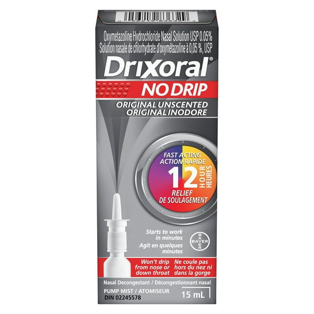 Vaporisateur Drixoral No Drip original inodore, contient de l'oxymétazoline, réduit l'enflure et soulage la congestion, dégage le nez, aide à soulager la congestion nasale