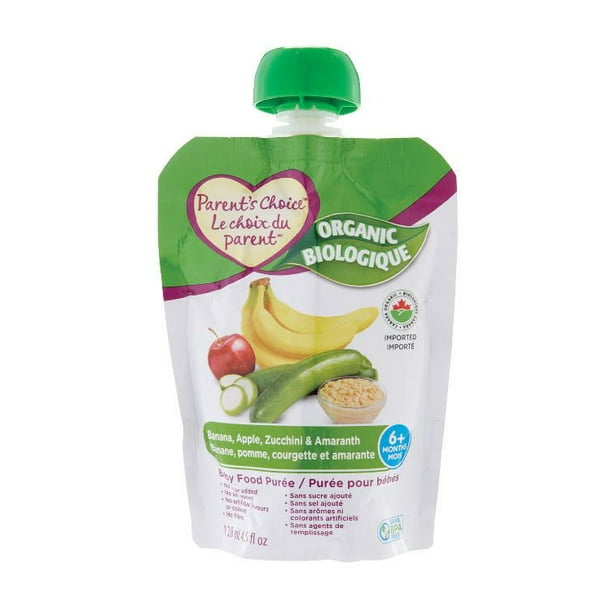 Purée biologique pour bébé Le Choix du Parent à saveur de banane, pomme, courgette et amarante 128 ml