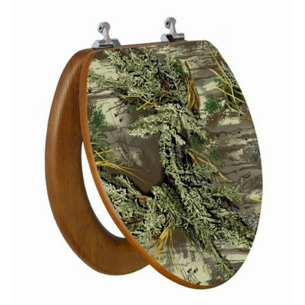 Siège de toilette allongé avec image 3D à haute résolution d’un arbre genre camouflage à charnière chromée avec couvercle qui ferme régulièrement de TopSeat