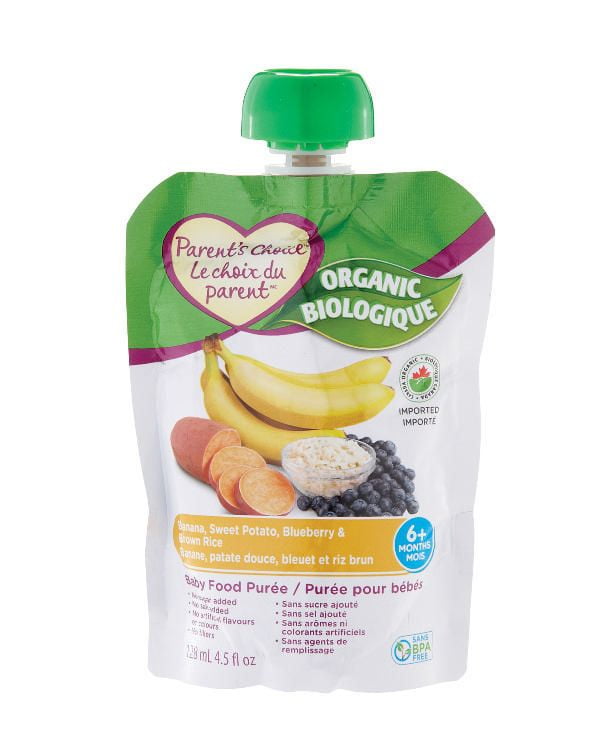 Puree Biologique Pour Bebe Le Choix Du Parent A Saveur De Banane Patate Douce Bleuet Et Riz Brun Walmart Canada