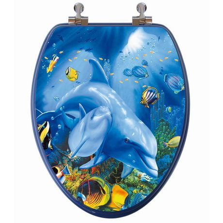 Siège de toilette allongé avec image 3D à haute résolution d’un dauphin et son petit à charnière chromée avec couvercle qui ferme régulièrement de TopSeat