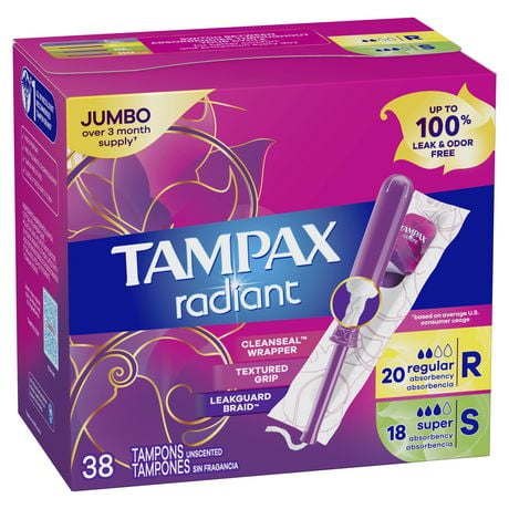 Tampons Tampax Radiant avec tresse anti-fuites LeakGuard et applicateur en plastique sans BPA, régulier/super, emballage duo, non parfumés 38&nbsp;u