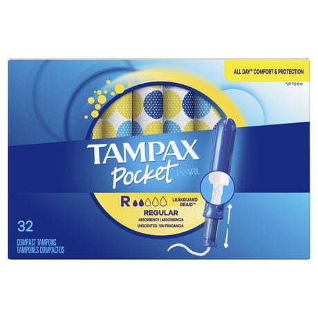 Tampons Tampax Pocket Pearl compacts avec tresse anti-fuites LeakGuard et applicateur en plastique sans BPA, régulier, non parfumés 32 u