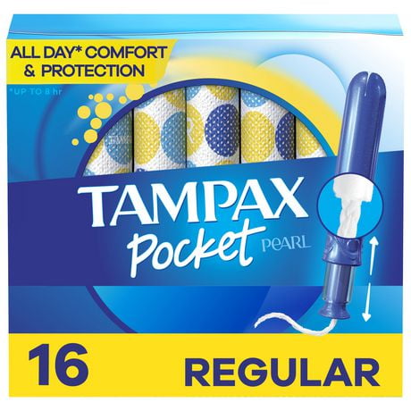 Tampons Tampax Pocket Pearl compacts avec tresse anti-fuites LeakGuard et applicateur en plastique sans BPA, régulier, non parfumés 16 tampons