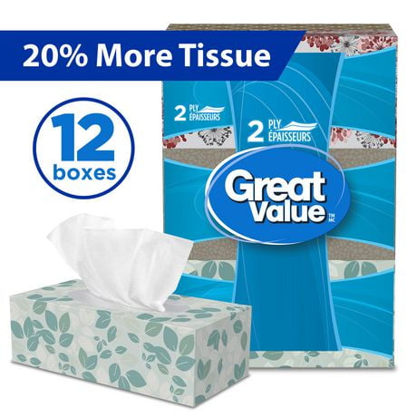 Great Value, Facial Tissues, 12 flat boxes, 126 tissues per box, 2Ply, 1,512 Tissues in total