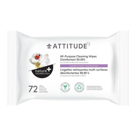 ATTITUDE nature+ technology, All-Purpose Cleaning Wipes Disinfectant 99.99 %, Lavender & Thyme, 72 wipes