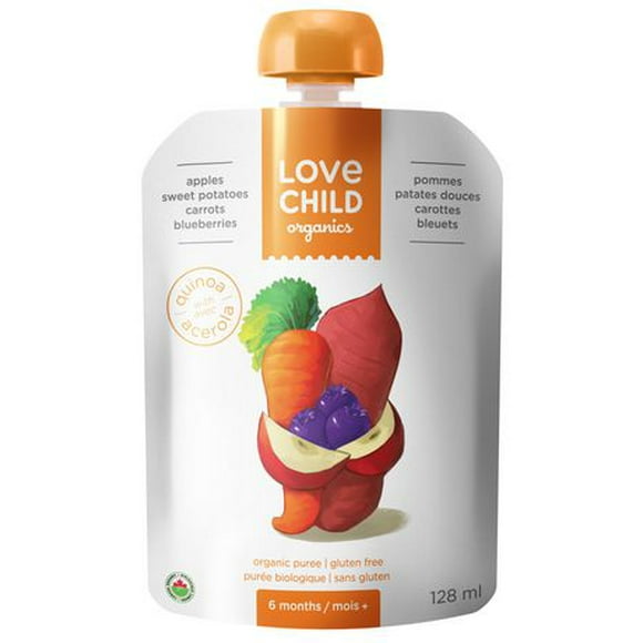 Purée sans gluten de pommes, patates douces, carottes et myrtilles biologiques de Love Child 128 ml