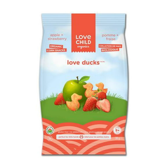 Collation de maïs biologique Love Ducks de Love Child Organics à saveur de pomme et fraise 30g