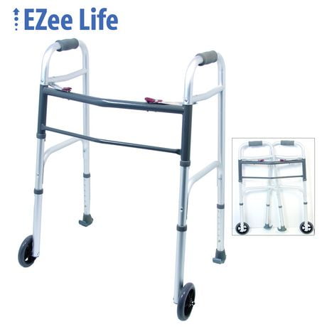 Ezee Life Adult 2-Button Folding Walker with wheels and skis