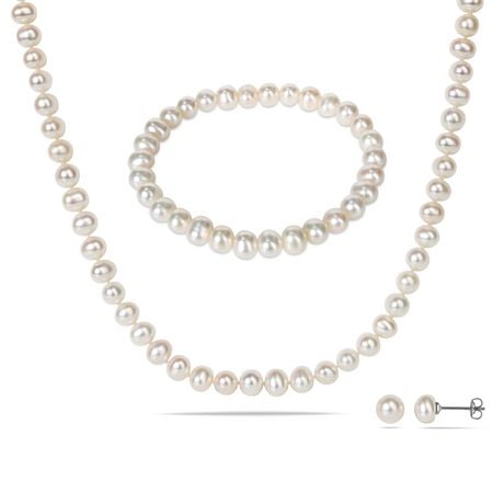 Ensemble boucles d'oreilles, collier et bracelet extensible Miabella avec perles d'eau douce cultivées blanches de 6 à 7 mm en laiton