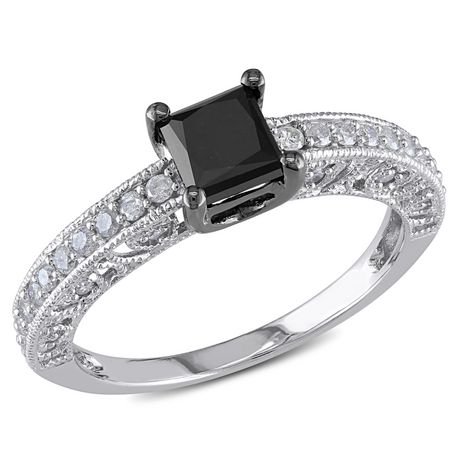 1 Carat T.W. Black and White Diamond 10 K White Gold Engagement Ring ...