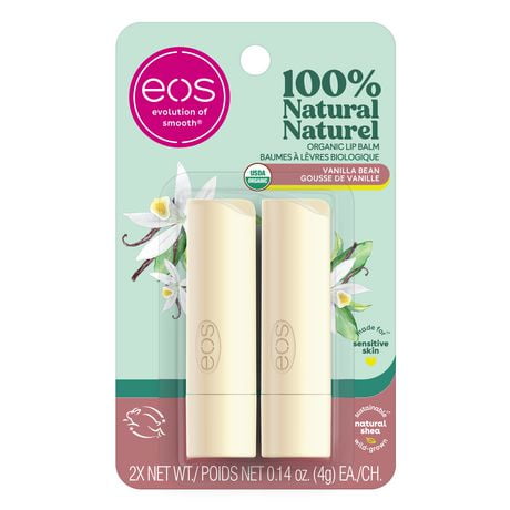 eos USDA Organic Lip Balm Stick - Vanilla Bean - Lip Care to Moisturize Dry Lips, 100% Natural, Gluten Free & Long Lasting Hydration, 2 x Net Wt. 4g EA
