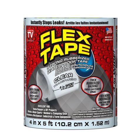 Flex Tape Transparent 4"x 5' Ruban imperméable caoutchoutée.