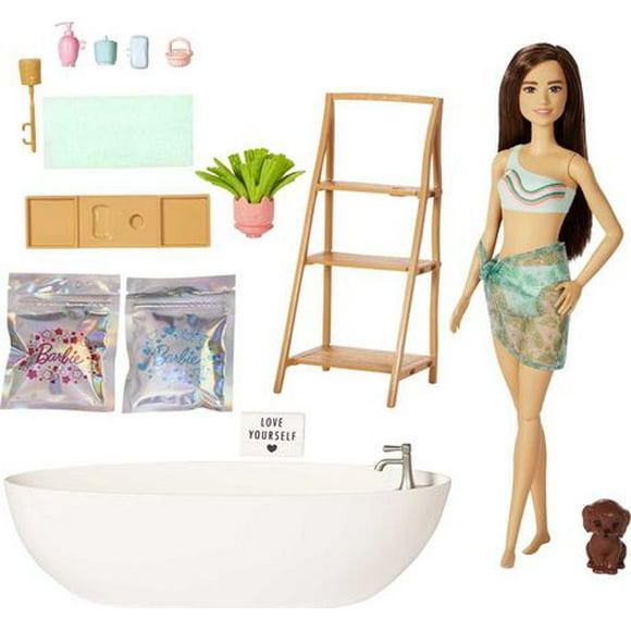 Barbie-Bain Relaxant-Coffret poupée brune, baignoire, savon confetti et accessoires