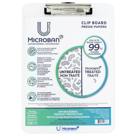 Planchette à pince en acrylique antimicrobien U Style avec Microban ®, 31,59 cm x 22,58 cm, pince à profil bas, transparent Technologie Microban intégrée