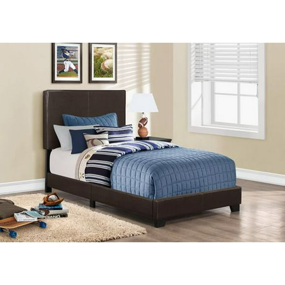 Monarch Specialties Bed, Twin Size, Platform, Bedroom, Frame, Upholstered, Pu Leather Look, Wood Legs, Brown, Transitional