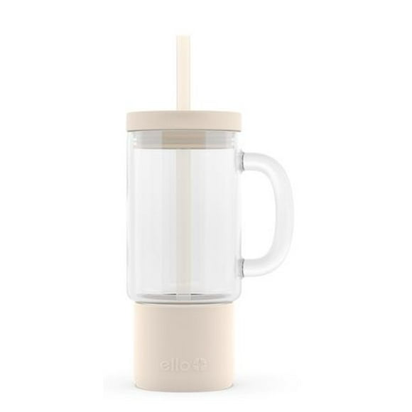 Ello Nova 18 oz Glass Travel Mug with Straw, Sandbar