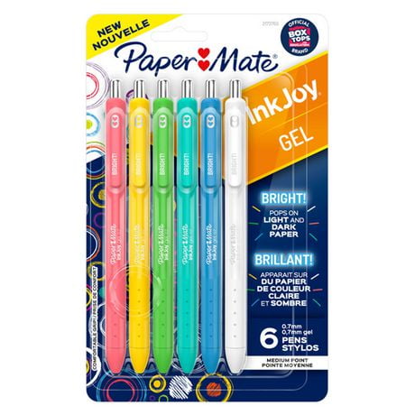 Paper Mate InkJoy Bright Pens, Gel Pens, Medium Point (0.7mm), Retractable, Assorted Brighter Colours, 6 Count