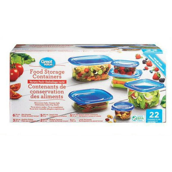 Great Value Food Storage Containers Variety Pack, 22 containers and lids
