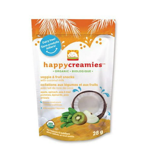 Happy Creamies Collations aux légumes et aux fruits biologiques pommes, épinards, pois et kiwis, 28 g