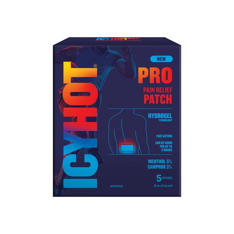 Patch de soulagement de la douleur Icy Hot Pro (paquet de 5) - avec du camphre, du menthol et une technologie avancée à base d'hydrogel - Soulagement rapide et ciblé des douleurs musculaires et articulaires, de la simple douleur dorsale et des entorses Paquet de 5