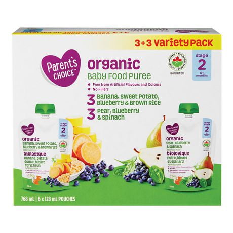 Parent’s Choice 3+3 Variety Pack Baby Food Purée, 768 mL (6 x 128 mL POUCHES)