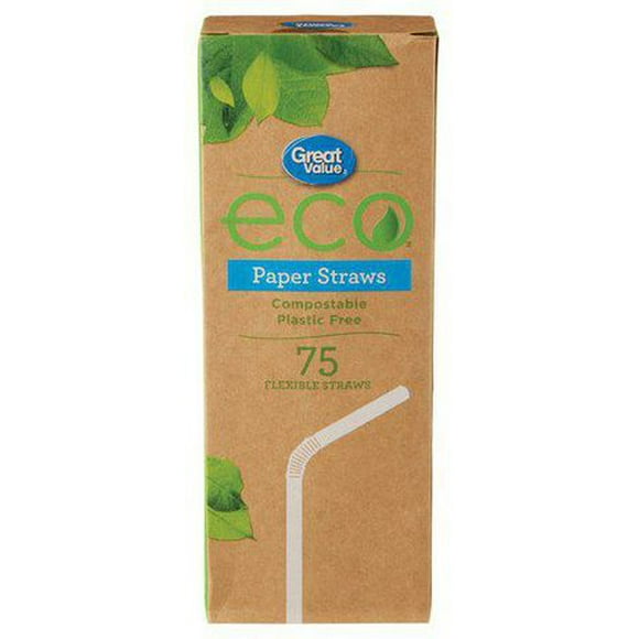 Great Value Compostable Plastic Free Flexible Paper Straws, 75 pieces