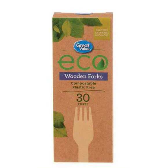 Great Value Eco Compostable Wooden Forks, Pack of 30