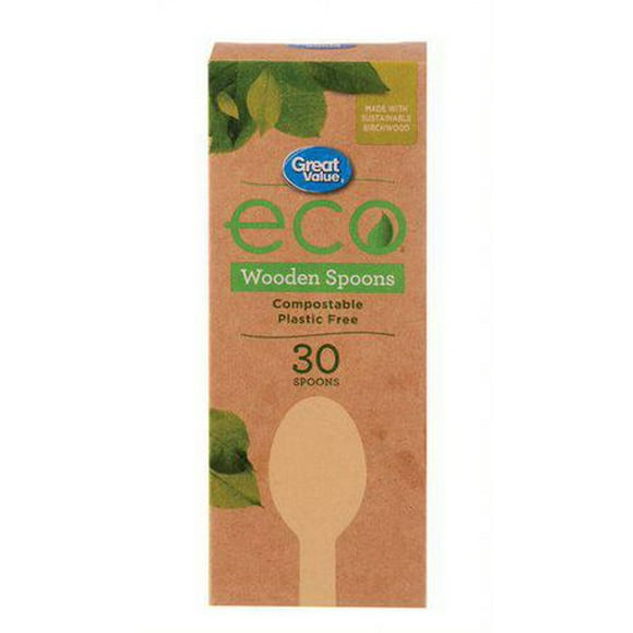 Great Value Eco Compostable Wooden Spoons, Pack of 30