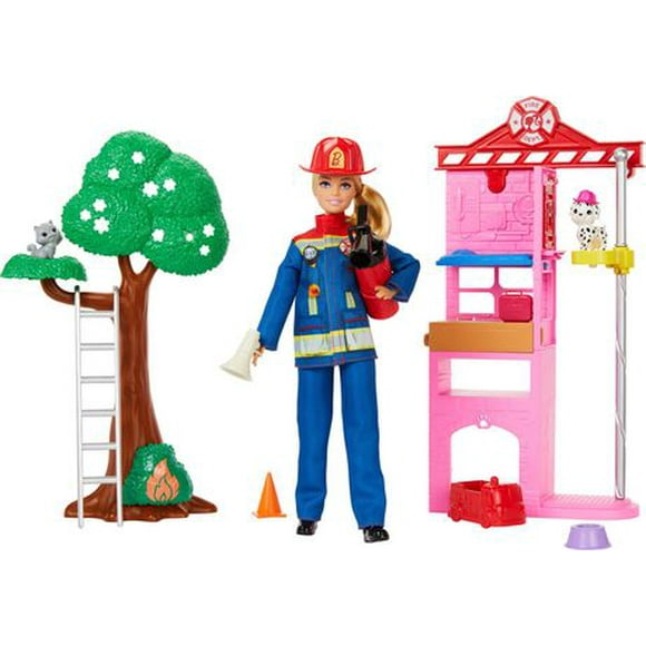 Barbie Firefighter Playset with Blonde Fashion Doll, Fire Station, 2 Pets & 10+ Accessories, Ages 3Y+