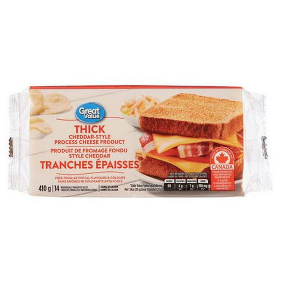 Great Value Thick Cheddar Style Process Cheese Slices, 410 g, 14 slices