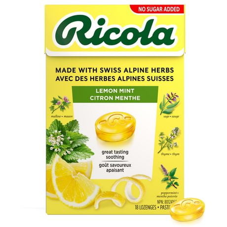 Ricola Box Lemon Mint, No Sugar Added Naturally Refreshing Throat Relief, 18 Count